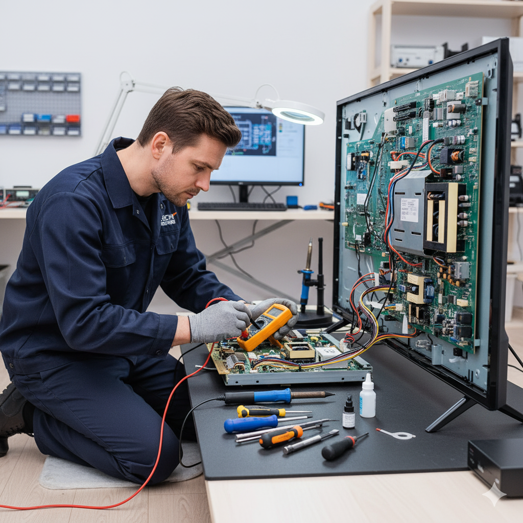 Technician repairing television